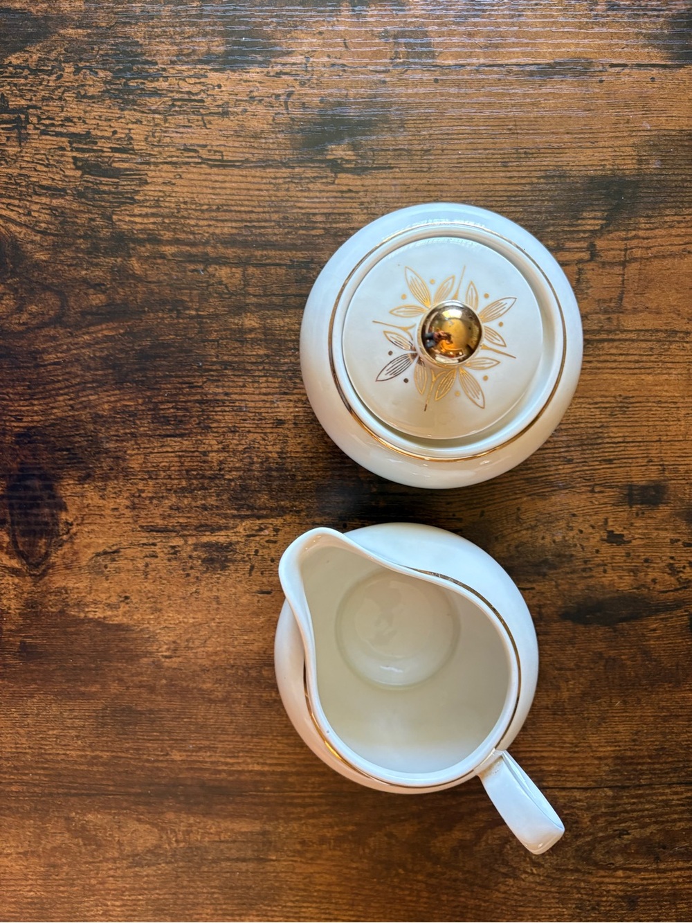 White Ceramic Creamer and Sugar Set with Gold Trim